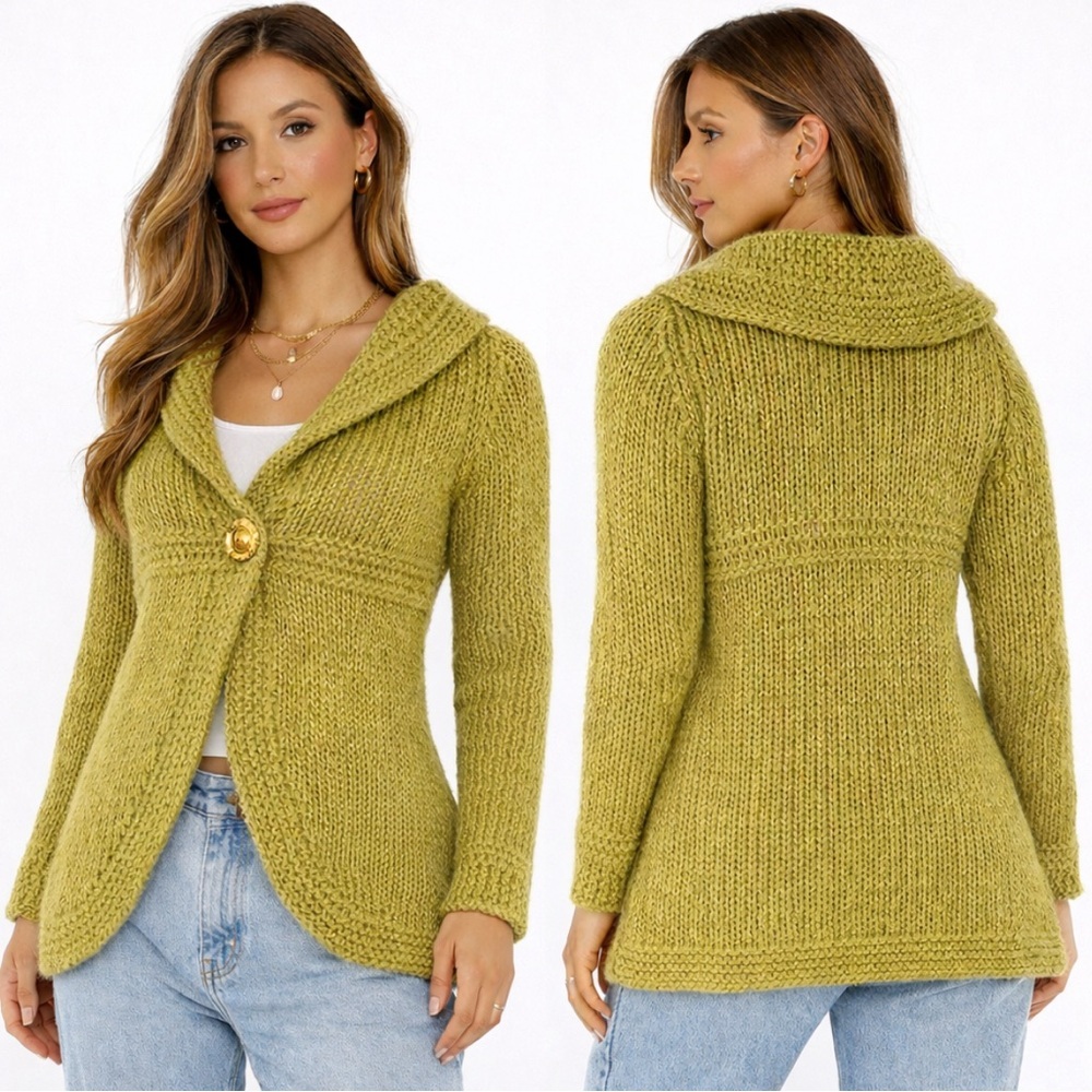 Italian Chunky Knit Cardigan Sweater Green Medium Boho Cottagecore Berretti